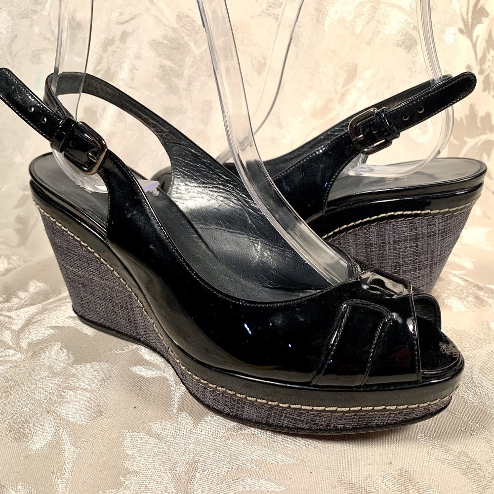 Stuart Weitzman Black Patent Leather Peeptoe Wedge